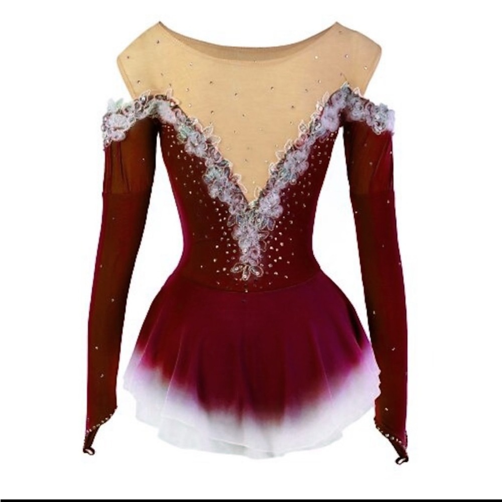 Red and White Off-Shoulder Figure Skating Dress with Lace Detail